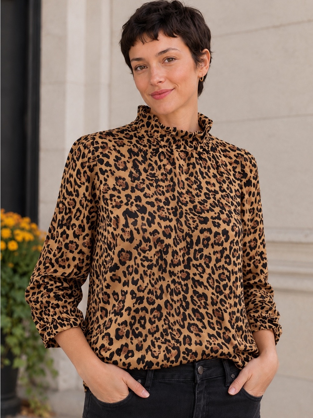 J.Crew Leopard Print Ruffle Neck Blouse XXS